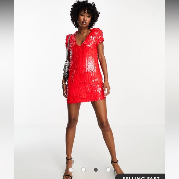 ASOS DESIGN all over feather embellished mini dress in red size 2 - Picture 1 of 11
